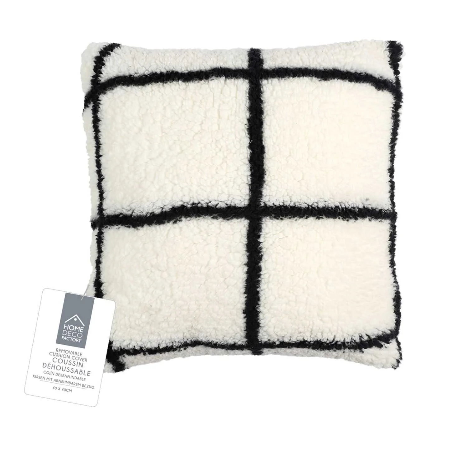 COUSSIN SHERPA BLANC CARREAUX NOIR 40X40CM - Image 2